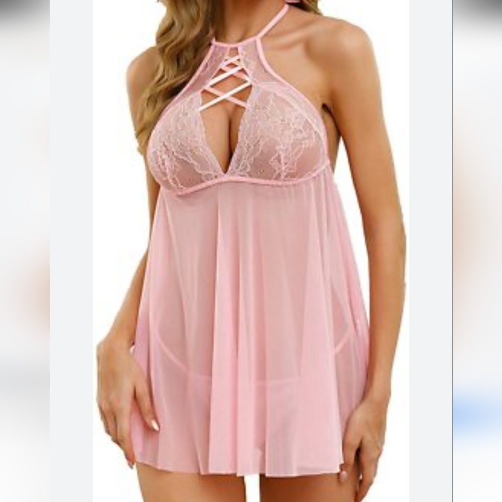 NWT Victoria Secret Pink Lace Halter Babydoll Lingerie Set In Small